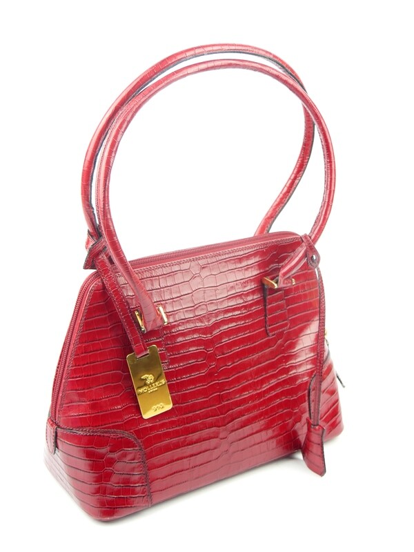 Maison Mollerus Tasche in Weinrot-Gold mit Kroko-Optik / Zustand 5 – minimale Gebrauchsspuren