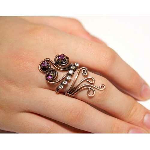 Handmade Purple and white crystal copper wire wrap ring
