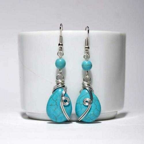 Handmade Turquoise Dangle Drop Wire Wrap Earrings