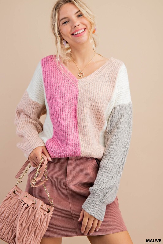 Pink V Neck Colorblock Sweater