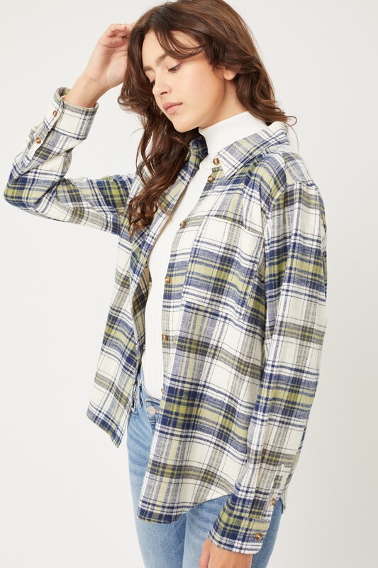 Navy Plaid Button Up Top