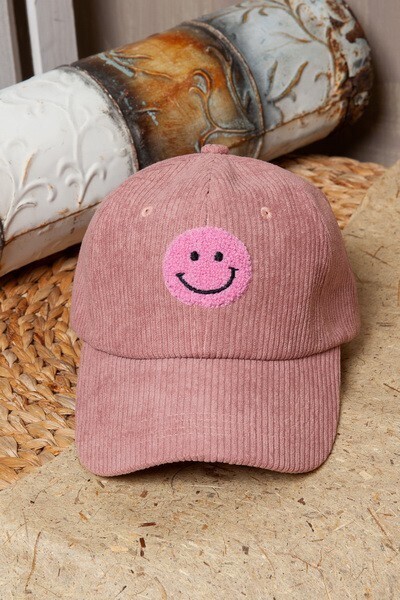Smiley Baseball Hat- Corduroy Pink