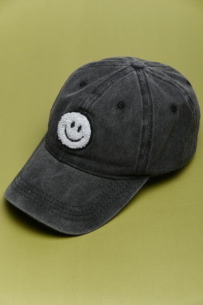 Smiley Baseball Hat- Washed Black