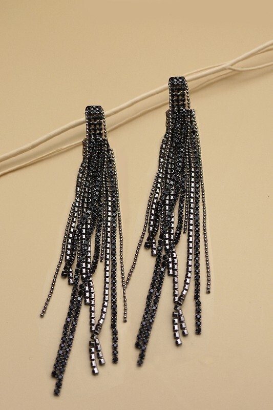 Rhinestone Earrings- Black Fringe