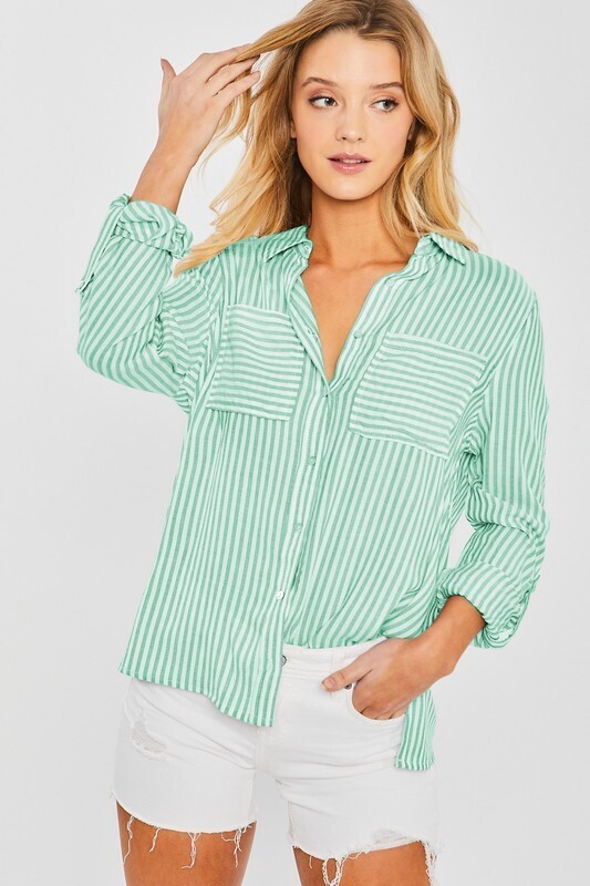 Green Stripe Linen Button Up Top