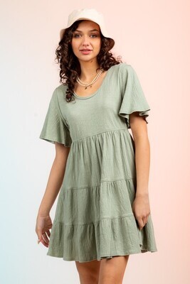 Sage Butterfly Sleeve Tiered Dress