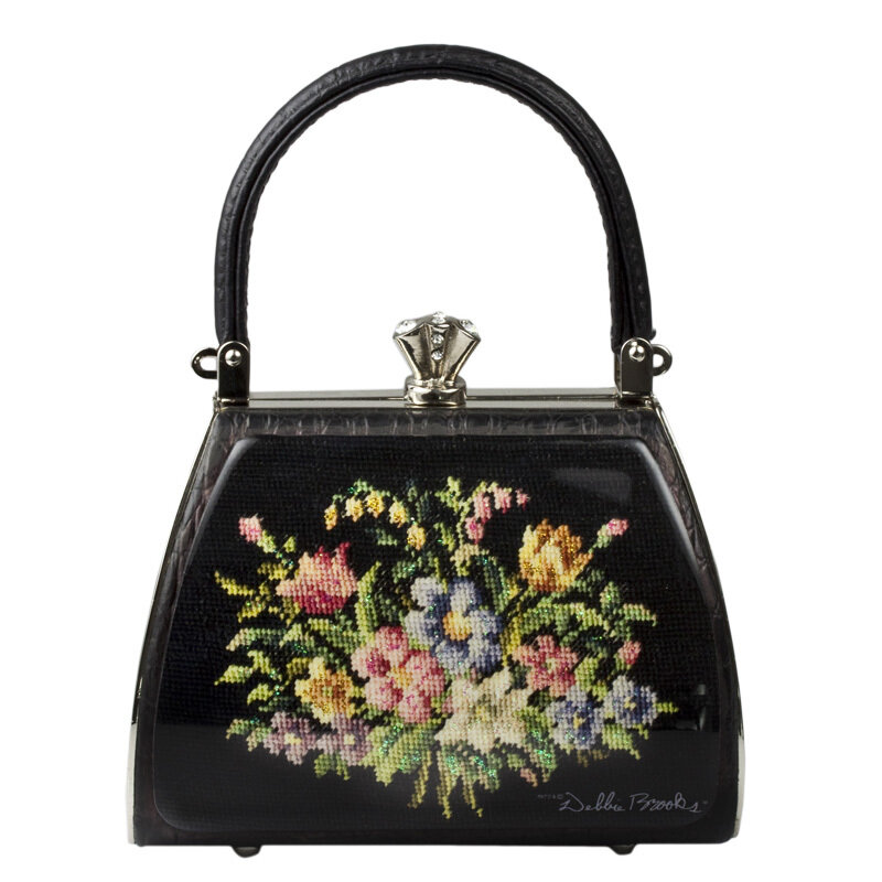 Petite Sassy - Black Leather - Embroidered Flowers Black