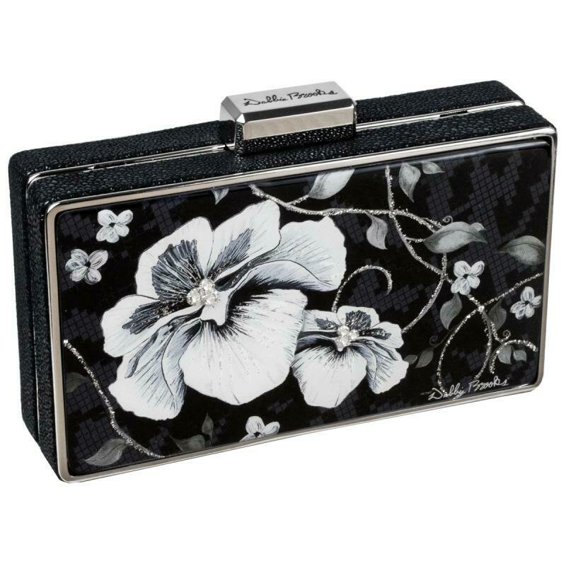 Box Clutch - Silver Hardware - Black &amp; White Flower