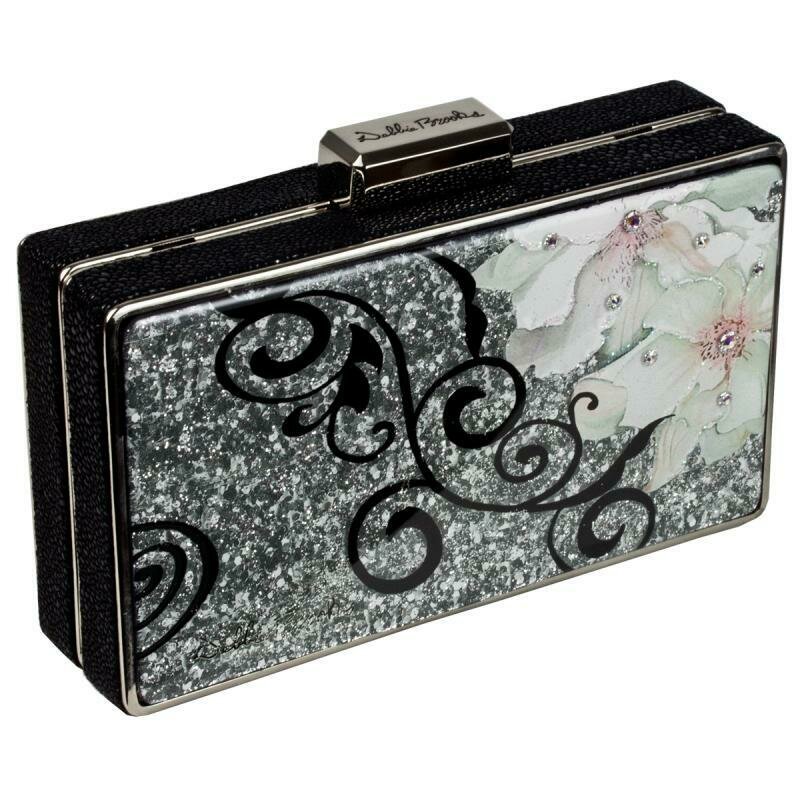 Box Clutch - Silver Hardware - Silver Flower Vine