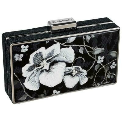 Box Clutch - Silver Hardware - Black & White Flower