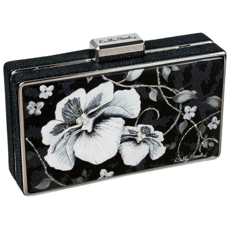 Box Clutch - Silver Hardware - Black &amp; White Flower