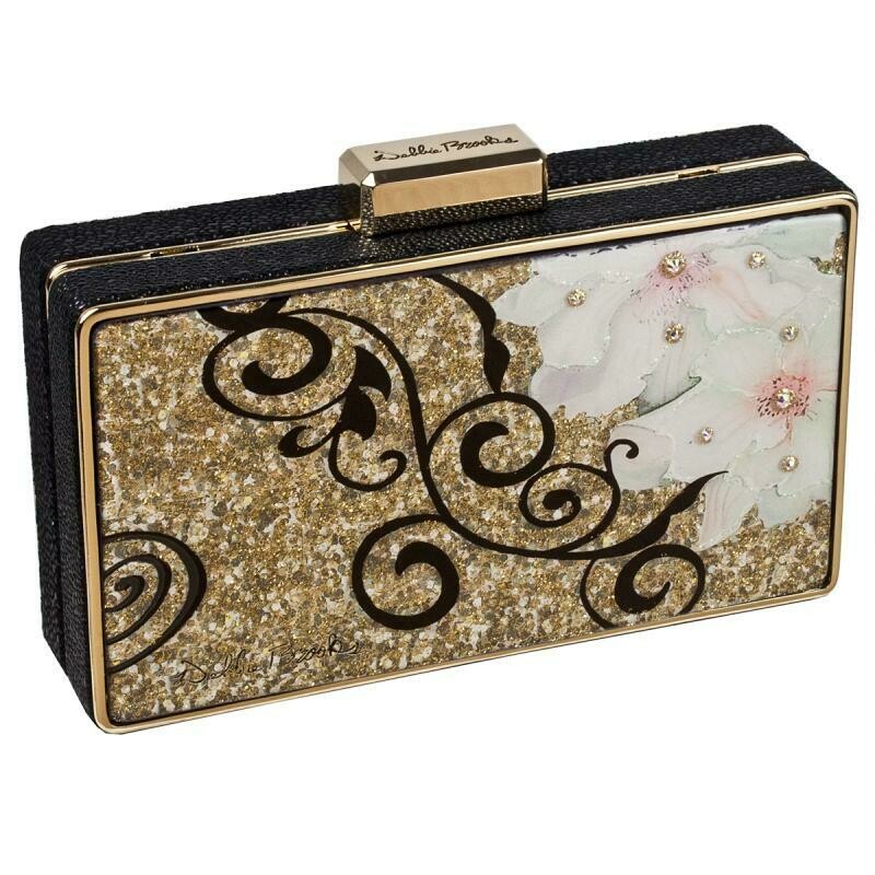 Box Clutch - Gold Hardware - Gold Flower Vine