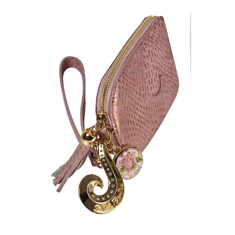 Wristlet - Pink Leather- Gold Hardware with Rose Gold Scrolls Mini-Magnafab Charm