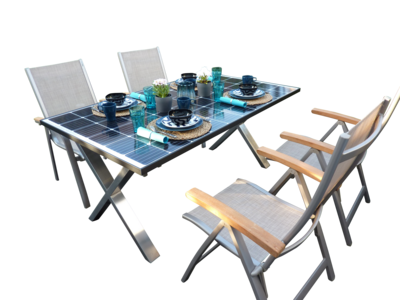 Solar-Gartentisch Design-X für 4-6 Personen - Jetzt neu: Platte und Rahmen in schwarz mit 365 WP Spitzenleistung ohne Aufpreis