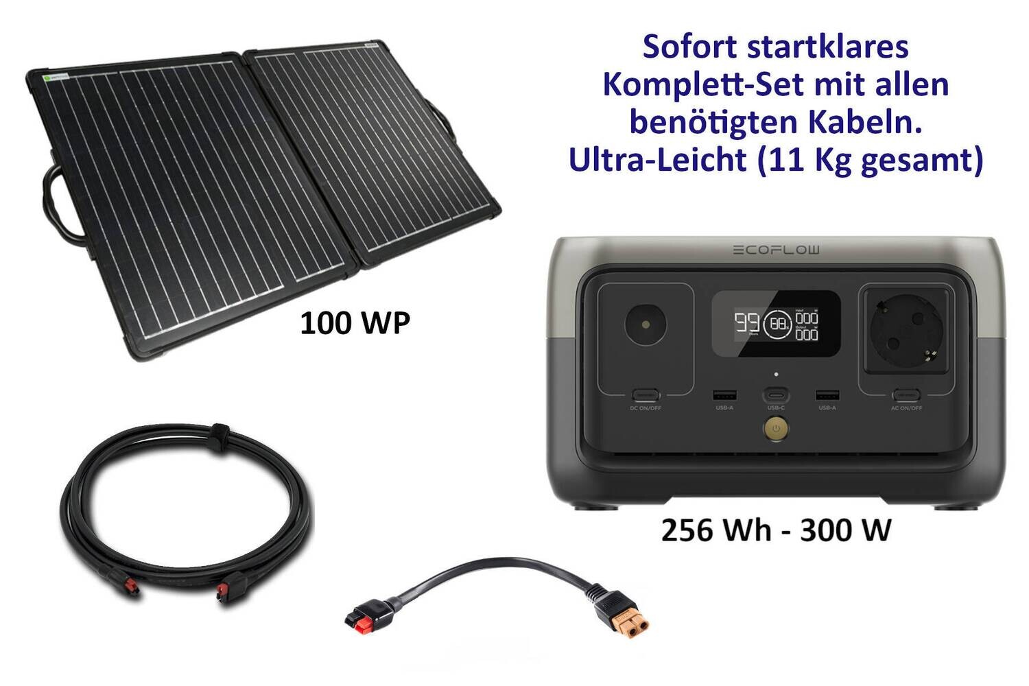 Ecoflow River 2 (256 Wh) mit Solarkoffer 100 WP und Kabel-Set - startklar für Sie mit Packtasche für den Solarkoffer