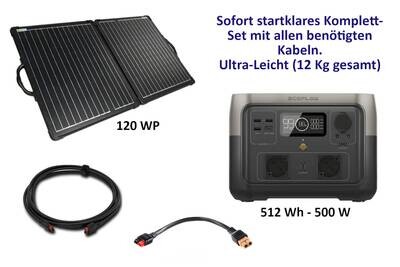 Ecoflow River max (512 Wh) mit Solarkoffer 120 WP und Kabel-Set - startklar für Sie mit Packtasche für den Solarkoffer