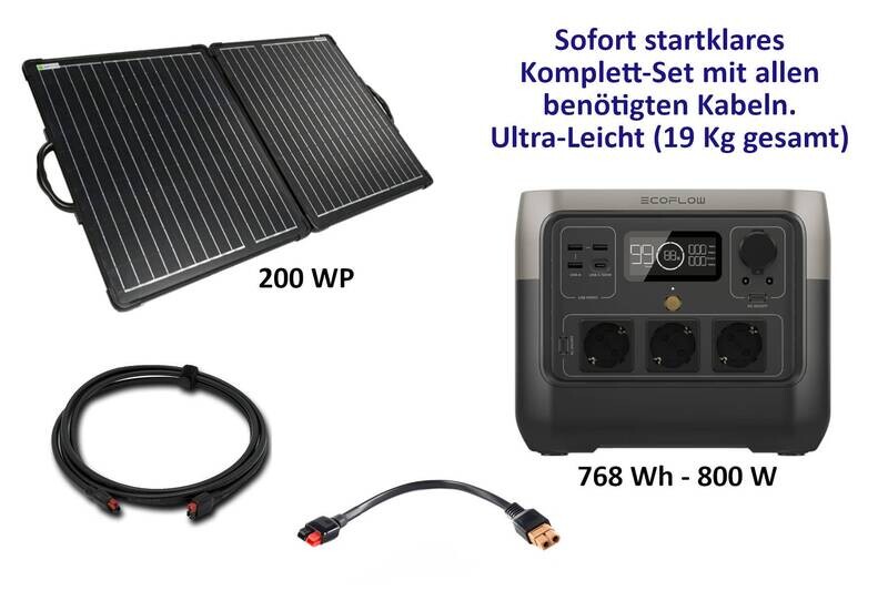 Ecoflow River pro (768 Wh) mit Solarkoffer 200 WP und Kabel-Set - startklar für Sie mit Packtasche für den Solarkoffer