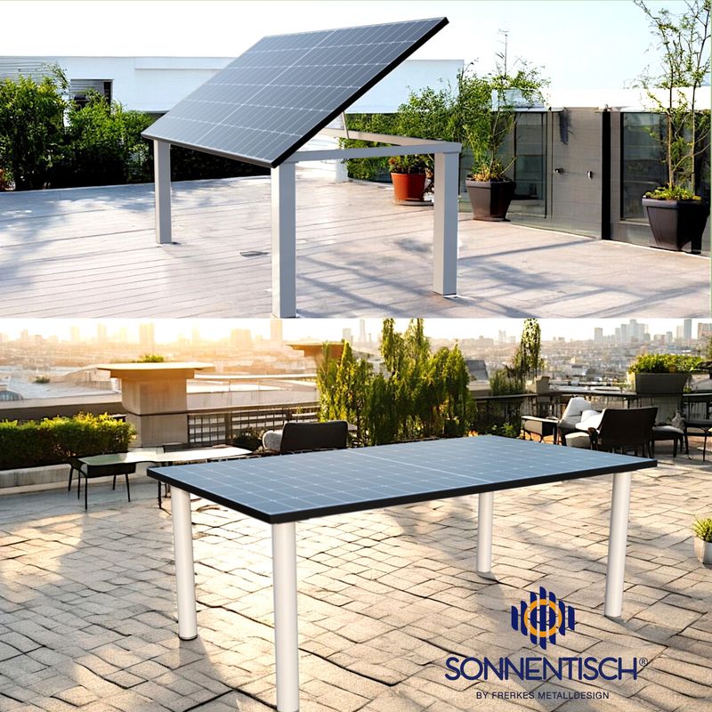 Solartisch XL: 196x113 cm – hocheffizient: 500 WP Solarleistung – Winkelverstellung, Tischbeinform und Höhe wählbar Solartisch XL: 196x113 cm – hocheffizient: 500 WP Solarleistung – Winkelverstellung, Tischbeinform und Höhe wählbar