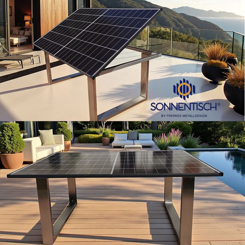 Solartisch Design-U, Gartentisch mit Solarplatte 176x113 cm, neue hocheffiziente Generation mit 480 WP Spitzenleistung Solartisch Design-U, Gartentisch mit Solarplatte 176x113 cm, neue hocheffiziente Generation mit 480 WP Spitzenleistung