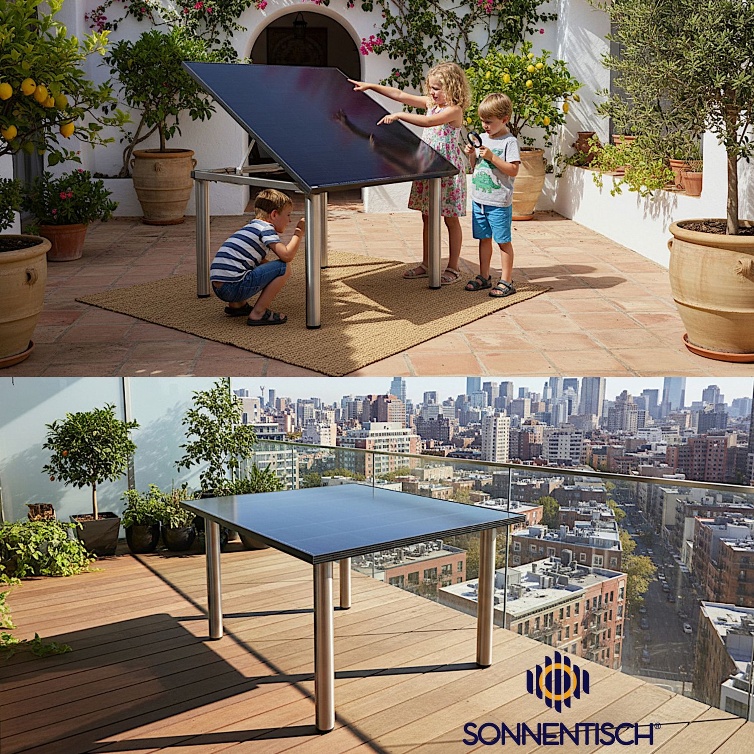 Solartisch für Terrasse oder Balkon, 131 x 112 cm mit 305 WP Maximalleistung- Höhe wählbar Solartisch für Terrasse oder Balkon, 131 x 112 cm mit 305 WP Maximalleistung- Höhe wählbar