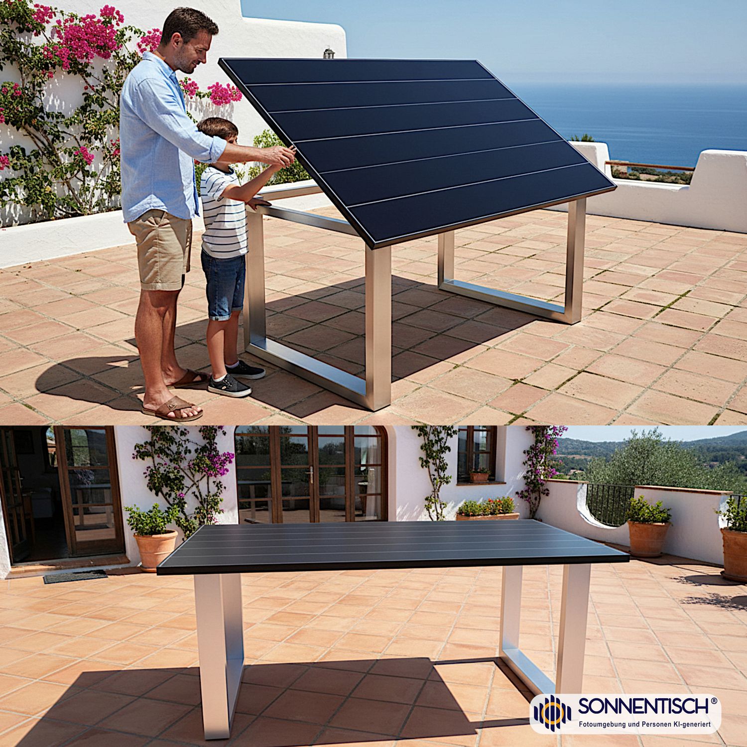 Solartisch, Gartentisch Design-U mit 490 WP, 176 x 113 cm. Neue, hocheffiziente Solarplatte