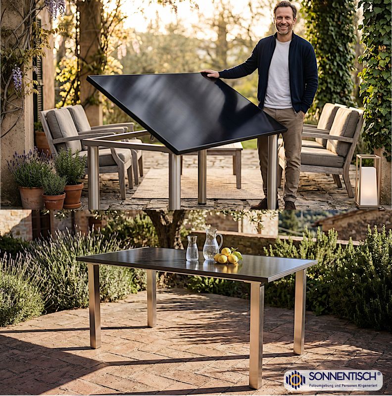 Solartisch 155 x 87 cm mit 275 WP - Höhe, Winkelverstellung und Tischbeine wählbar