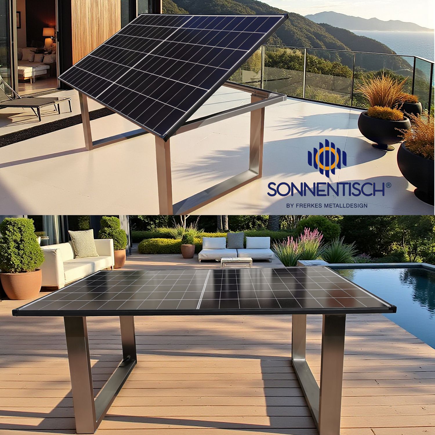 Solartisch Design-U, Gartentisch mit Solarplatte 180x113 cm, neue hocheffiziente Generation mit 485 WP Spitzenleistung