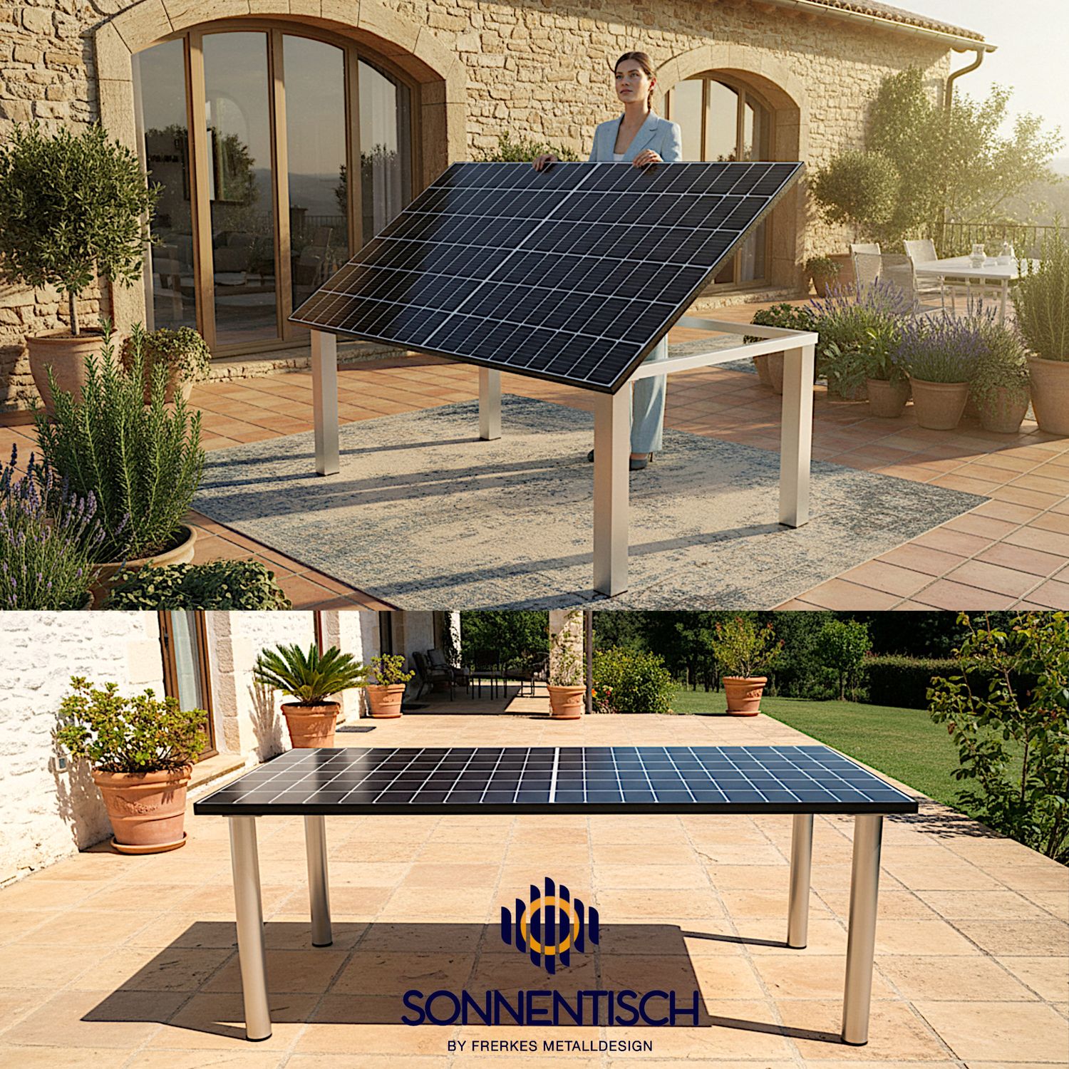 Solartisch XL mit 500 WP, 195x113 cm und Tischhöhe nach Wunsch - auch mit Winkelverstellung der Platte