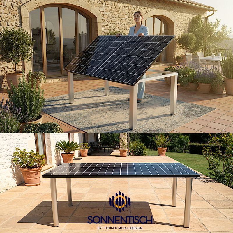 Solartisch XL mit 500 WP, 195x113 cm und Tischhöhe nach Wunsch - auch mit Winkelverstellung der Platte