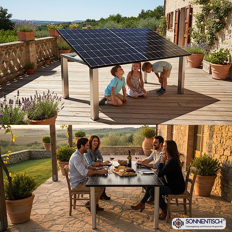 Solartisch XL:  195x113 cm – hocheffizient: 500 WP Solarleistung – Winkelverstellung, Tischbeinform und Höhe wählbar