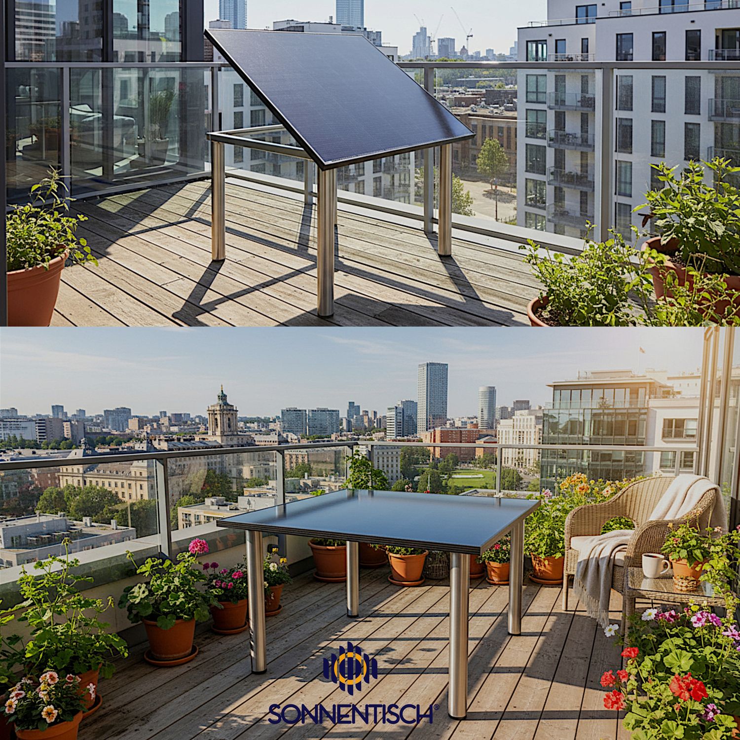 Solartisch für Terrasse oder Balkon, 131 x 112 cm mit 305 WP Maximalleistung- Höhe wählbar