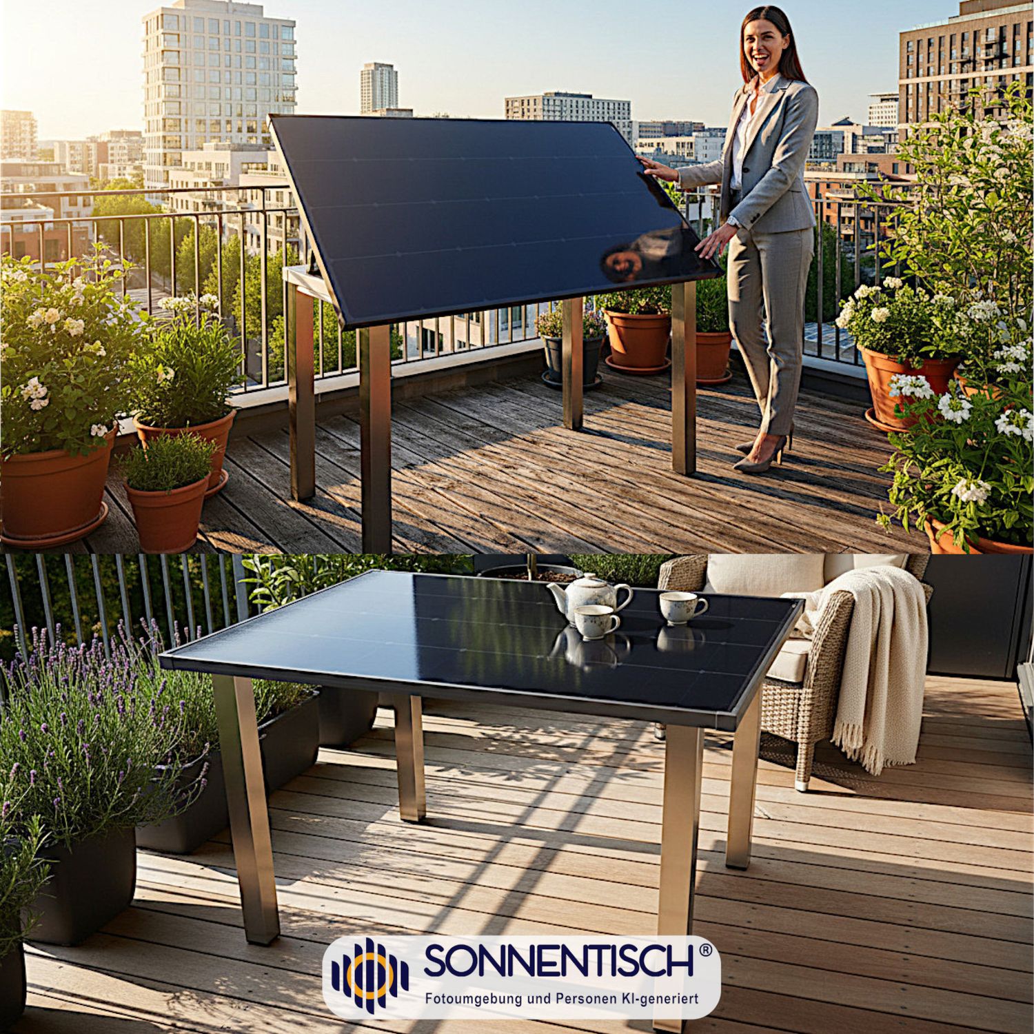 Kleiner Solartisch 118x77 cm mit winkelverstellbarer Tischplatte. Hocheffizientes Solarmodul der neuesten Generation.