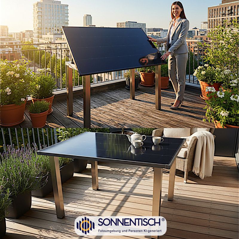 Kleiner Solartisch 118x77 cm mit winkelverstellbarer Tischplatte. Hocheffizientes Solarmodul der neuesten Generation.