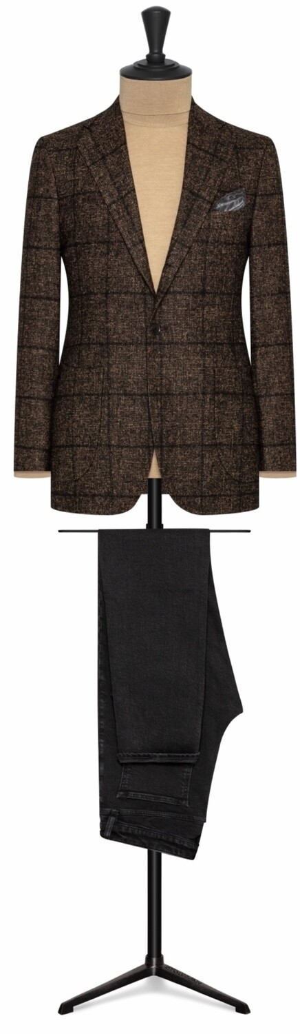 Bold Brown Window Pane Plaid Check In Single Breasted Notch Lapel w/ lower Patch Pockets and Side Vents