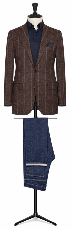 Brown W/  White and Blue Chalk Window Pane Single Breasted Two Button Model w/ Lower Flap Pockets and Side vents