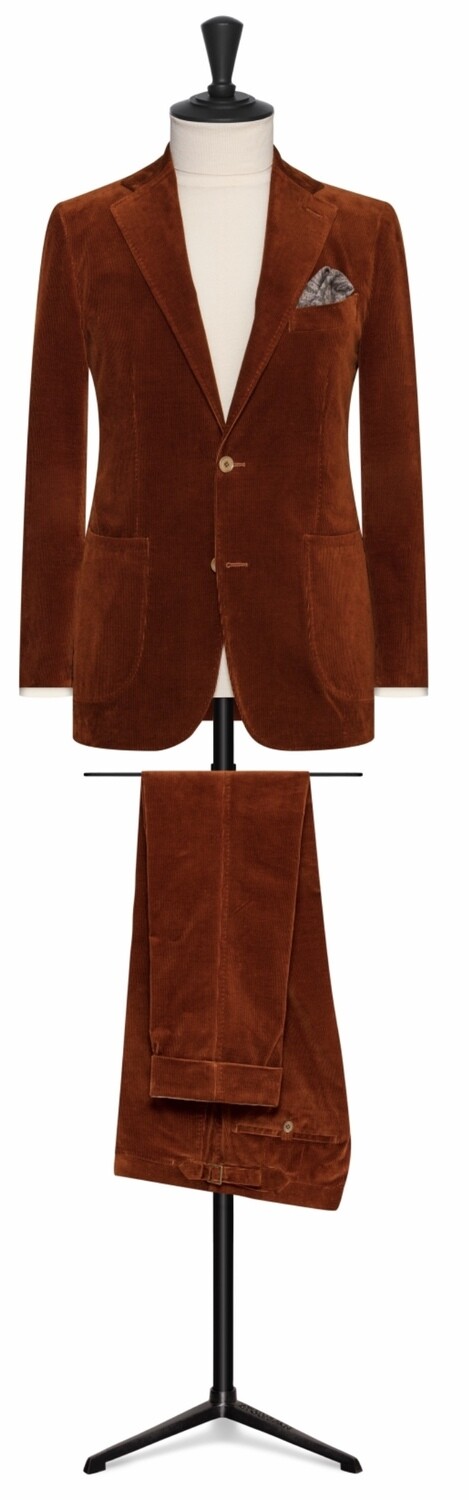 Burnt Orange Corduroy Suit in Single Breasted Notch Lapel Two Button Model With Lower Patch Pockets and Side vents