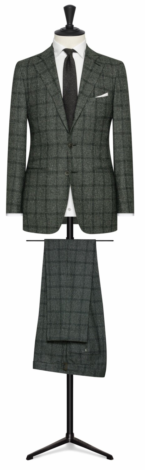 Green Double Panel Window Pane Single Breasted Notch Lapel Two Button Suit With Lower Besom Pockets