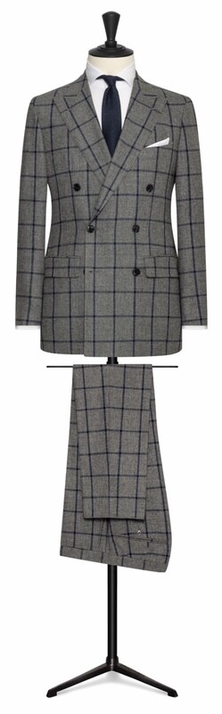 Medium Grey w/ Navy Blue Window Pane Double Breasted Peak Lapel Suit with Lower Flap Pockets and Side Vents. All Wool