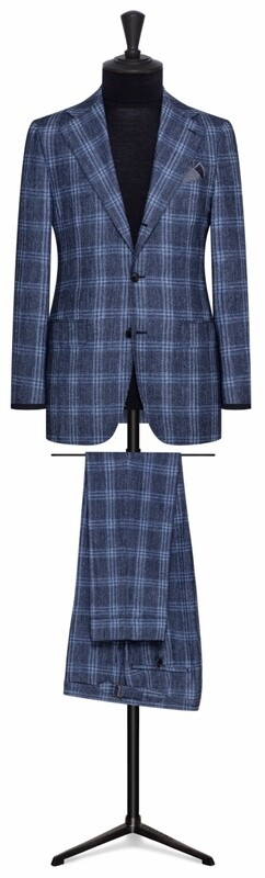 Blue Window Pane Plaid Check In Single Breasted Notch Lapel Roll To Two Button Suit Model w/ Lower Flap Pockets and Side vents