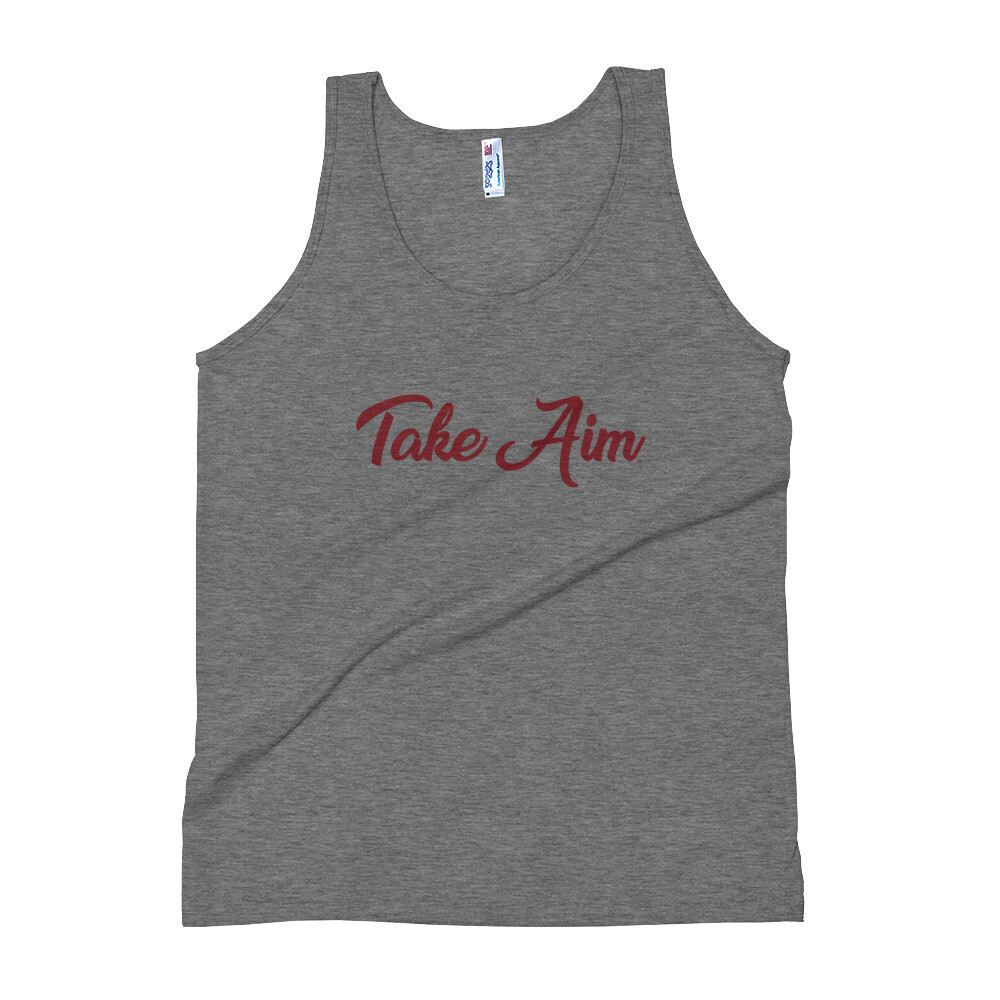 Take Aim Script Unisex Tank Top, Color: Athletic Grey, Size: XS