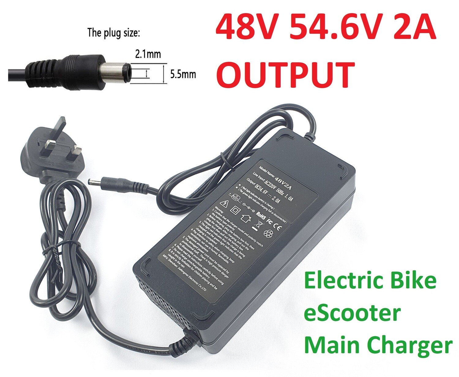 Electric Bicycle Main Charger For 48V Battery DC 54.6V 2A 2.1mm Pin