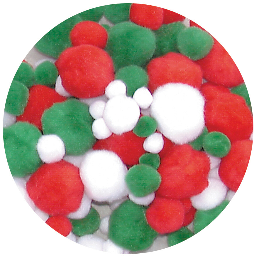 Pom Poms Green/Red/White 150pc Assorted Sizes