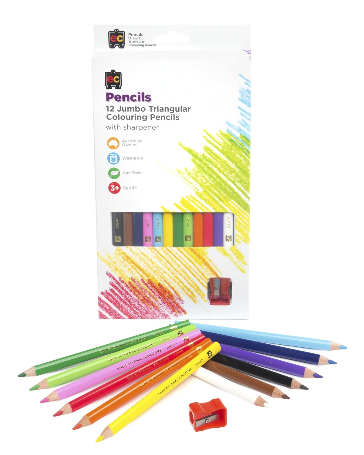 Jumbo Triangular Washable Colour Pencil 12pc & Sharpener