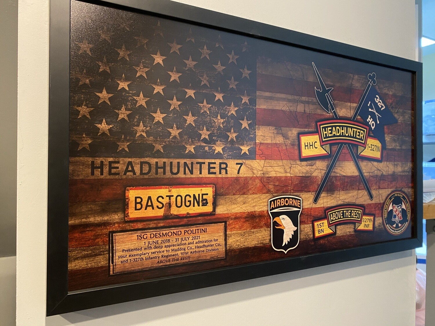 HHC "Headhunters" 1-327th IN Rustic Flag Plaque - 28.5"x15.75"