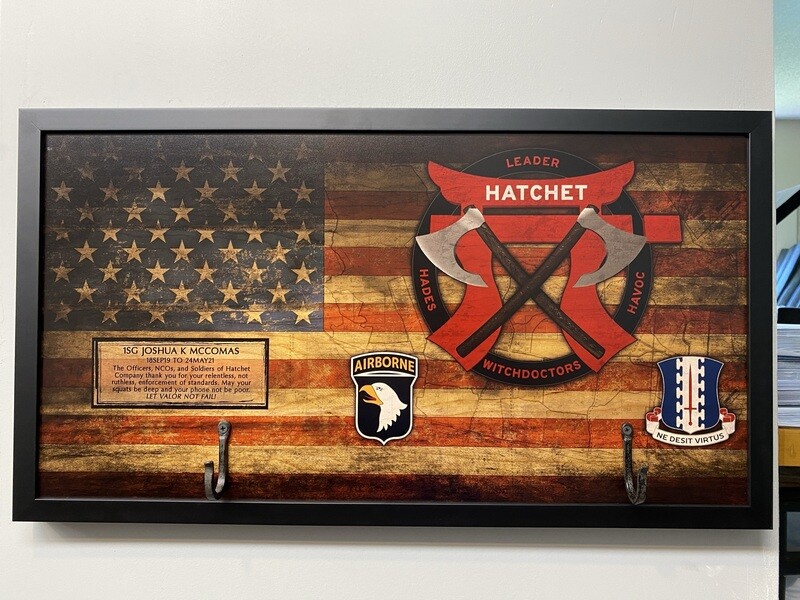&quot;Hatchet&quot; 1-187 INF Rustic Flag Plaque - 28.25&quot;x15.25&quot;