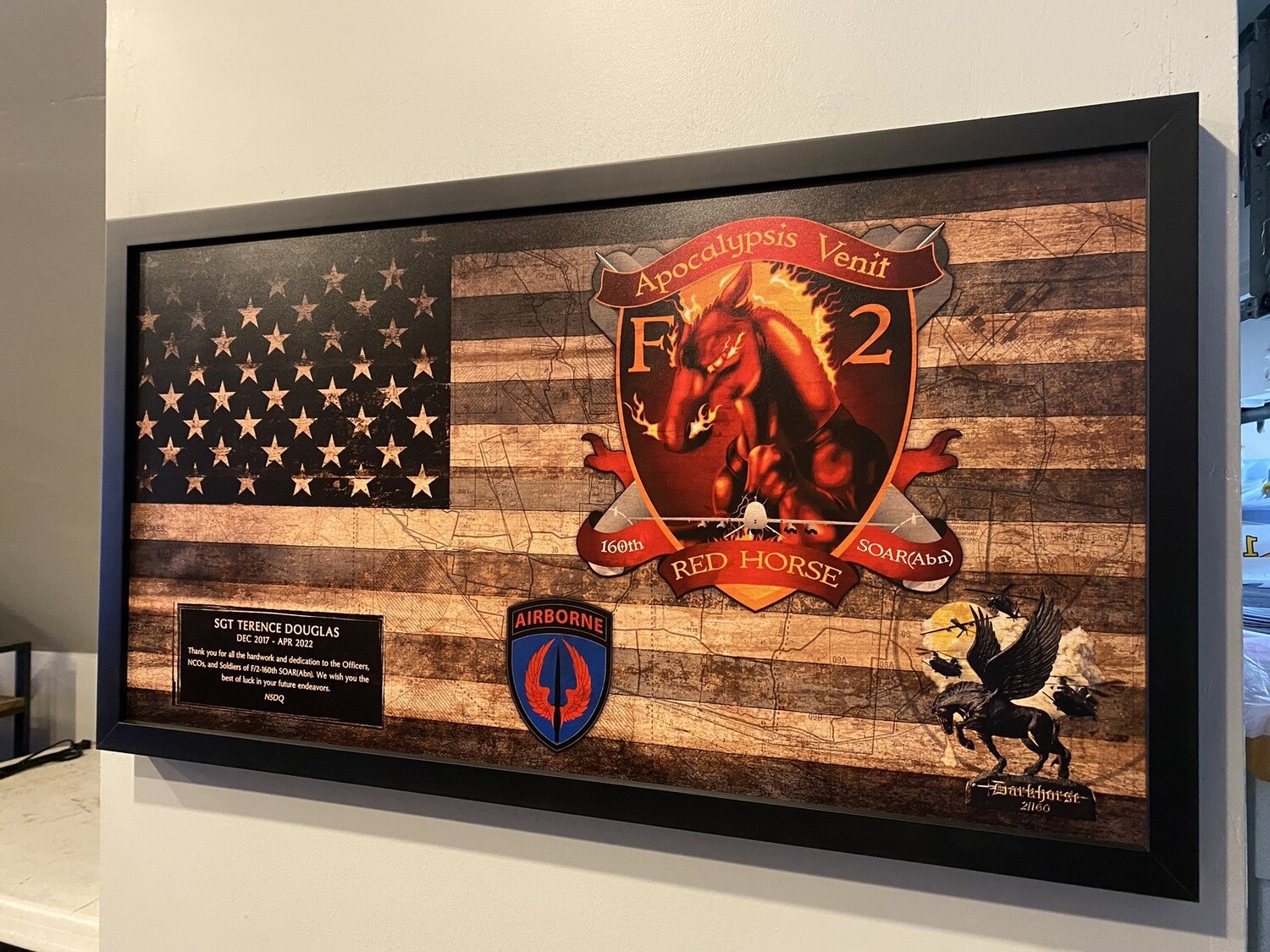 F Co "Redhorse" 2-160th Rustic Flag Plaque - 28.5"x15.75"