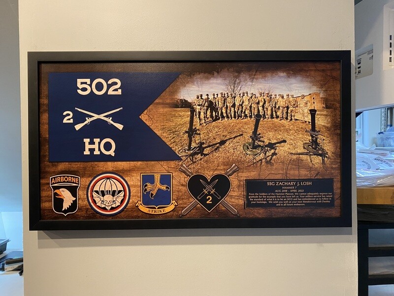 Mortar Platoon HHC 2-502 IN Guidon and Photo Plaque - 28.25"x15.25"