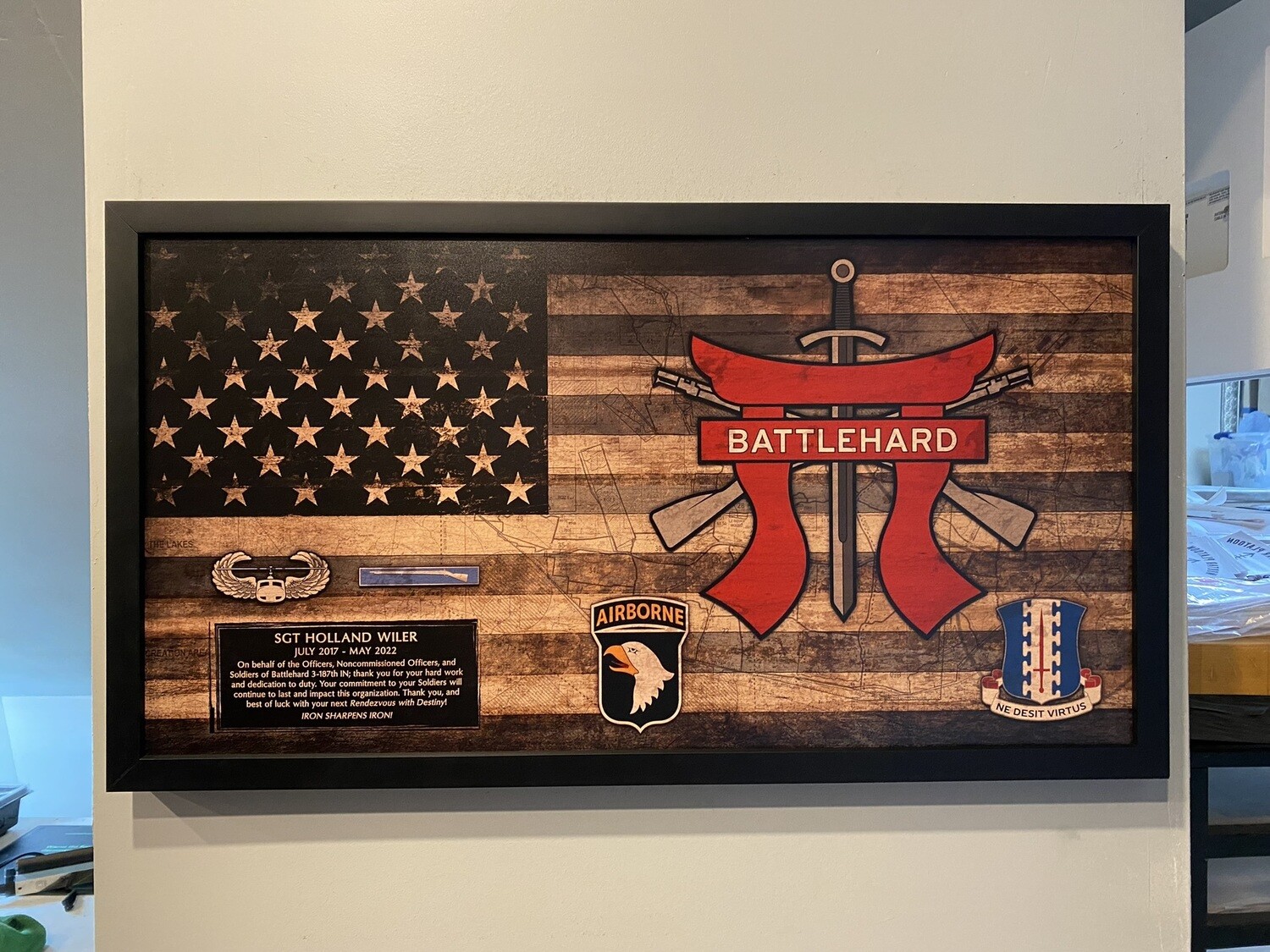 B Co "Battlehard" 3-187 IN Rustic Flag Plaque - 28.5"x15.75"
