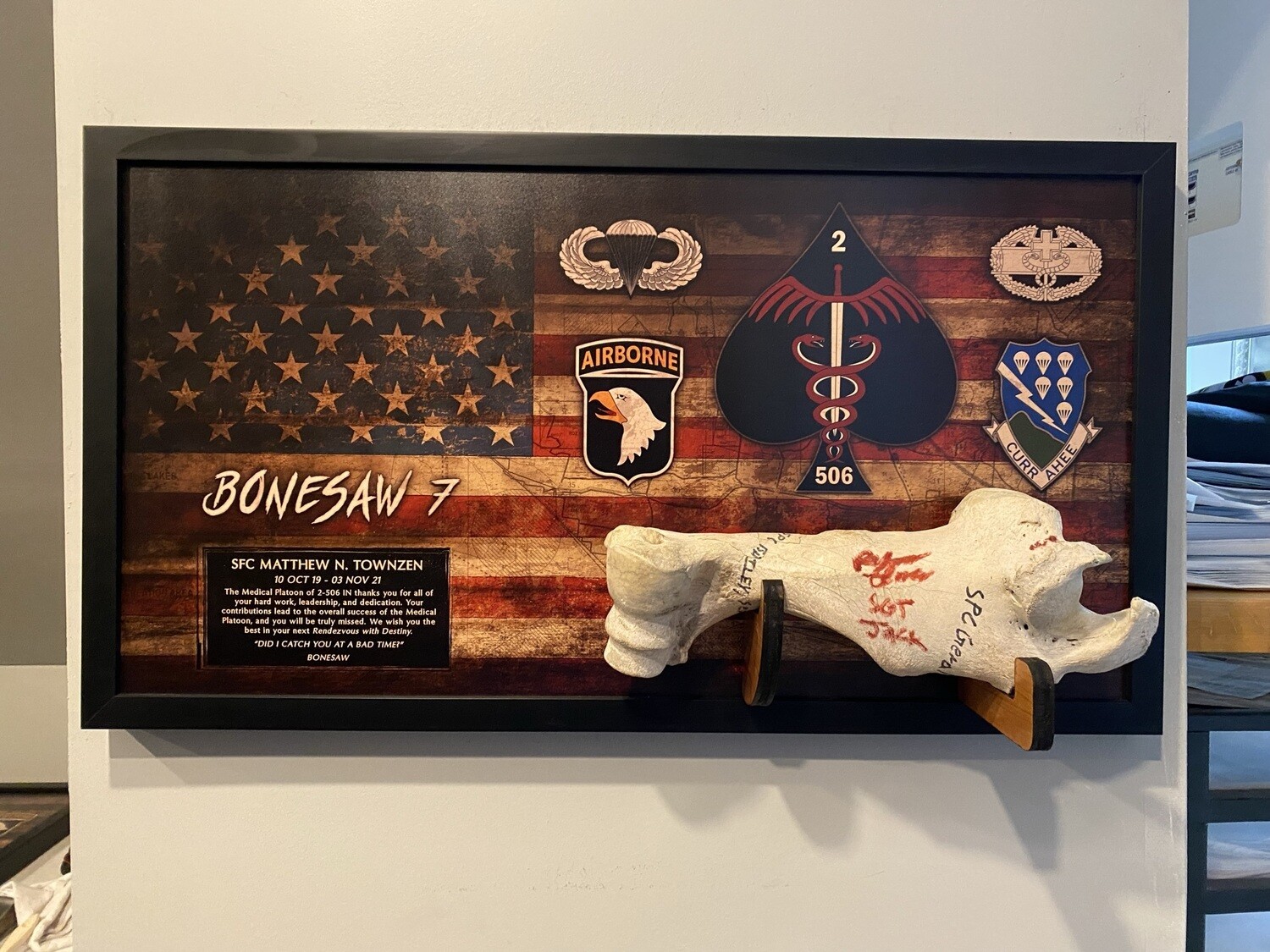 "Bonesaw" Platoon 2-506 IN Rustic Flag Plaque - 28.25"x15.25"