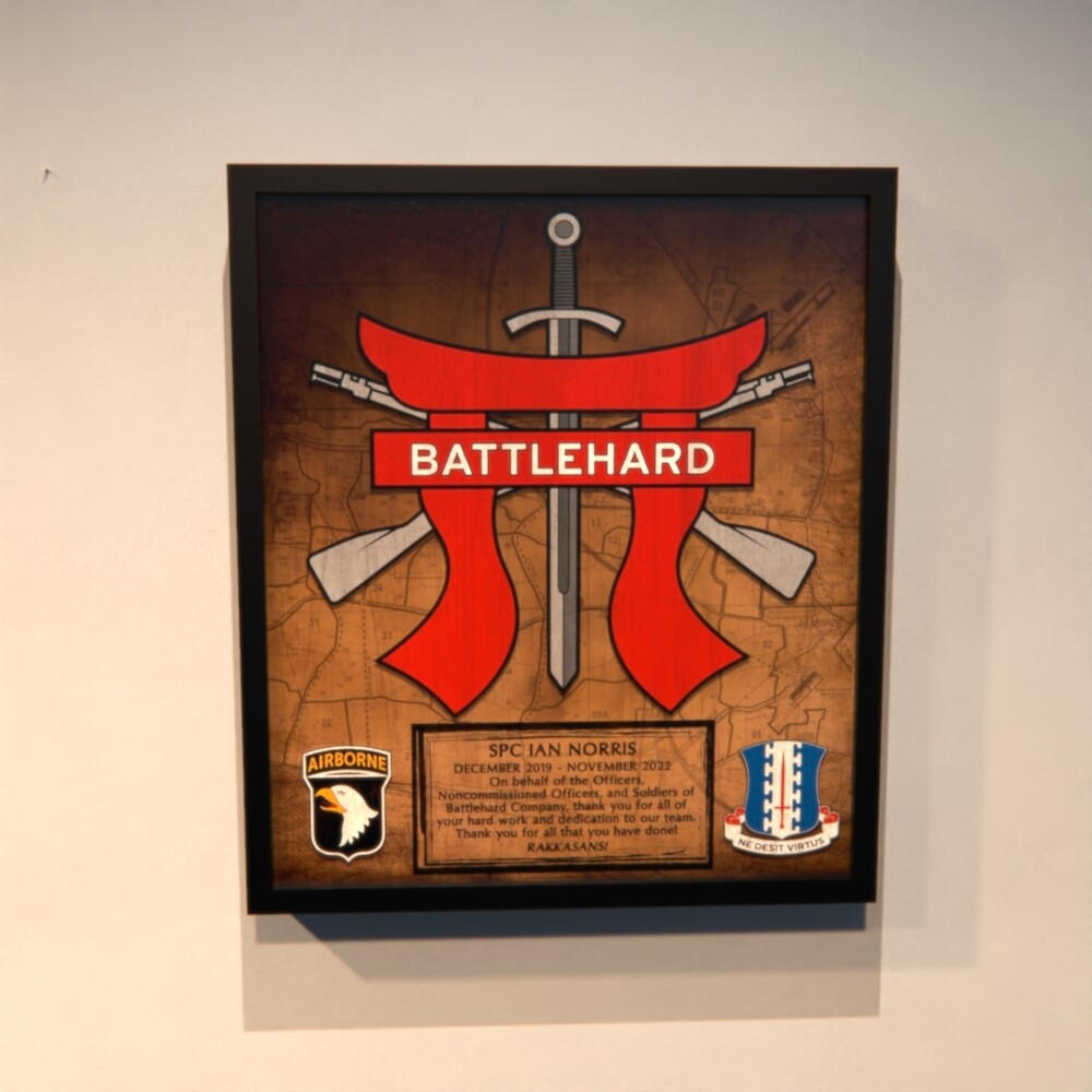 B Co "Battlehard" 3-187 IN Wood Plaque 12.5"x10.5"
